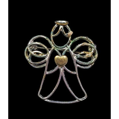 Vintage Angel Holding A Heart Open Metallic Wire Brooch