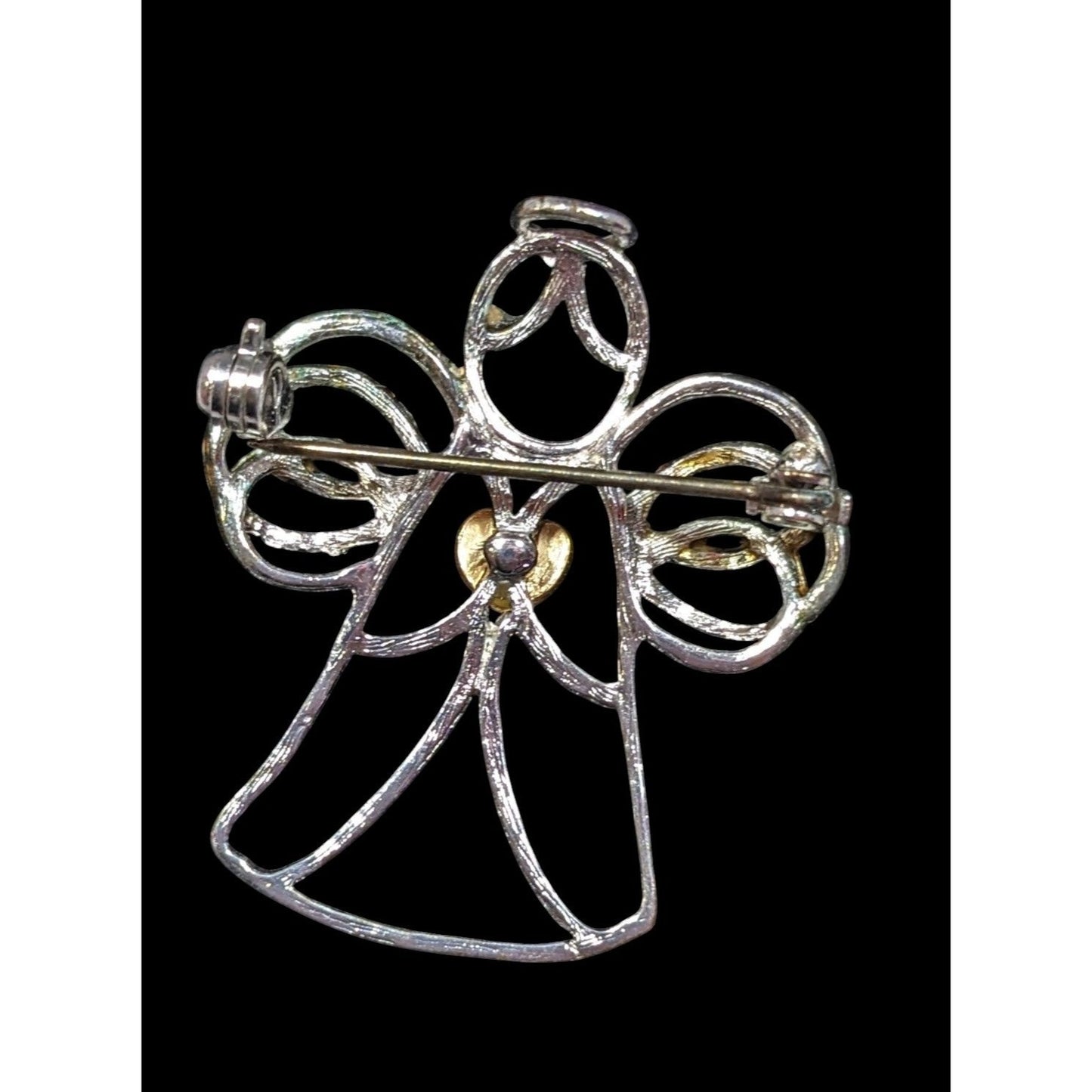 Vintage Angel Holding A Heart Open Metallic Wire Brooch