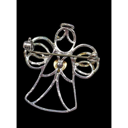 Vintage Angel Holding A Heart Open Metallic Wire Brooch