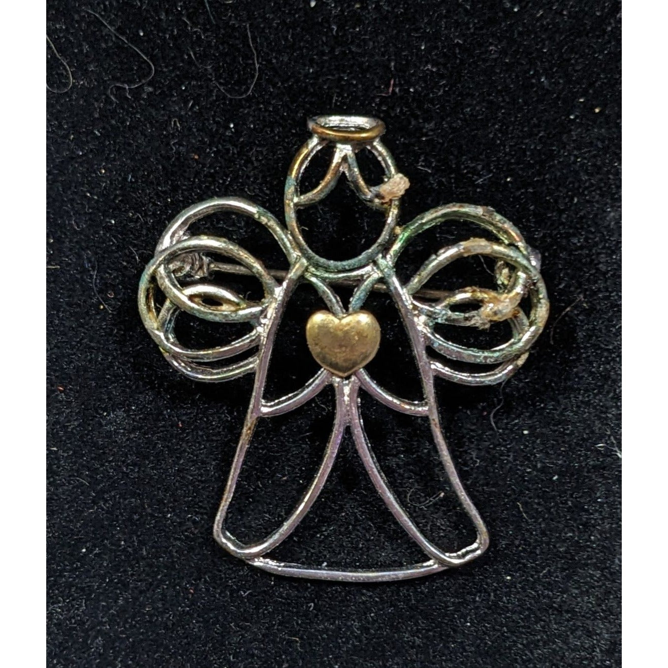 Vintage Angel Holding A Heart Open Metallic Wire Brooch