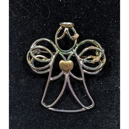 Vintage Angel Holding A Heart Open Metallic Wire Brooch