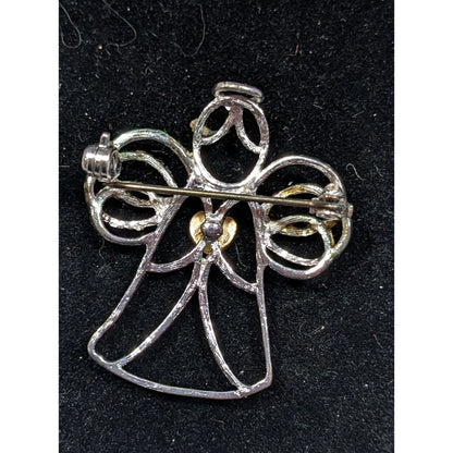 Vintage Angel Holding A Heart Open Metallic Wire Brooch