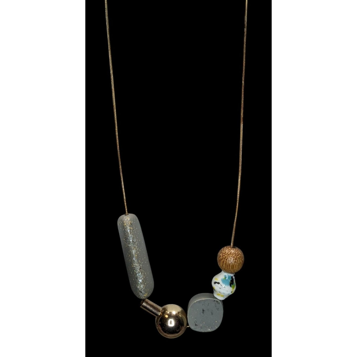 Chunky Artisan Beaded Necklace Mixed Media Abstract Statement Grey Brown Gold