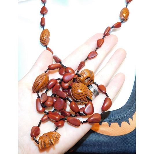 Rustic Nature Inspired Peach Pit Stone And Glass Beaded Necklace