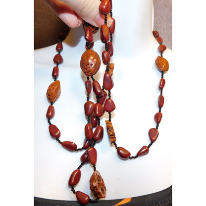 Rustic Nature Inspired Peach Pit Stone And Glass Beaded Necklace