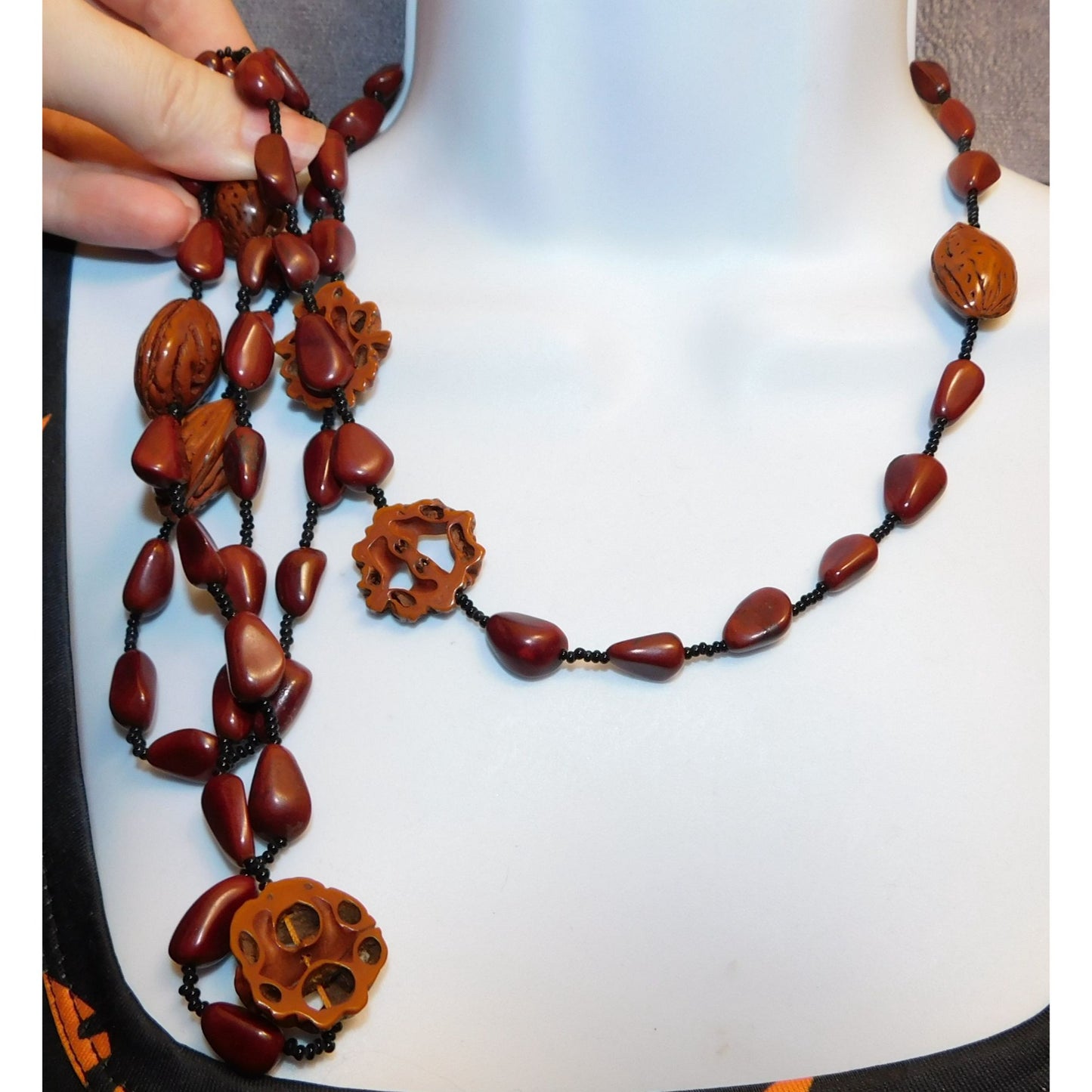 Rustic Nature Inspired Peach Pit Stone And Glass Beaded Necklace