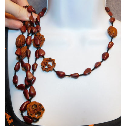 Rustic Nature Inspired Peach Pit Stone And Glass Beaded Necklace