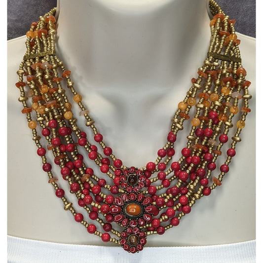 Chicos Vintage Bohemian Multi-Strand Beaded Statement Necklace Red And Gold Tones