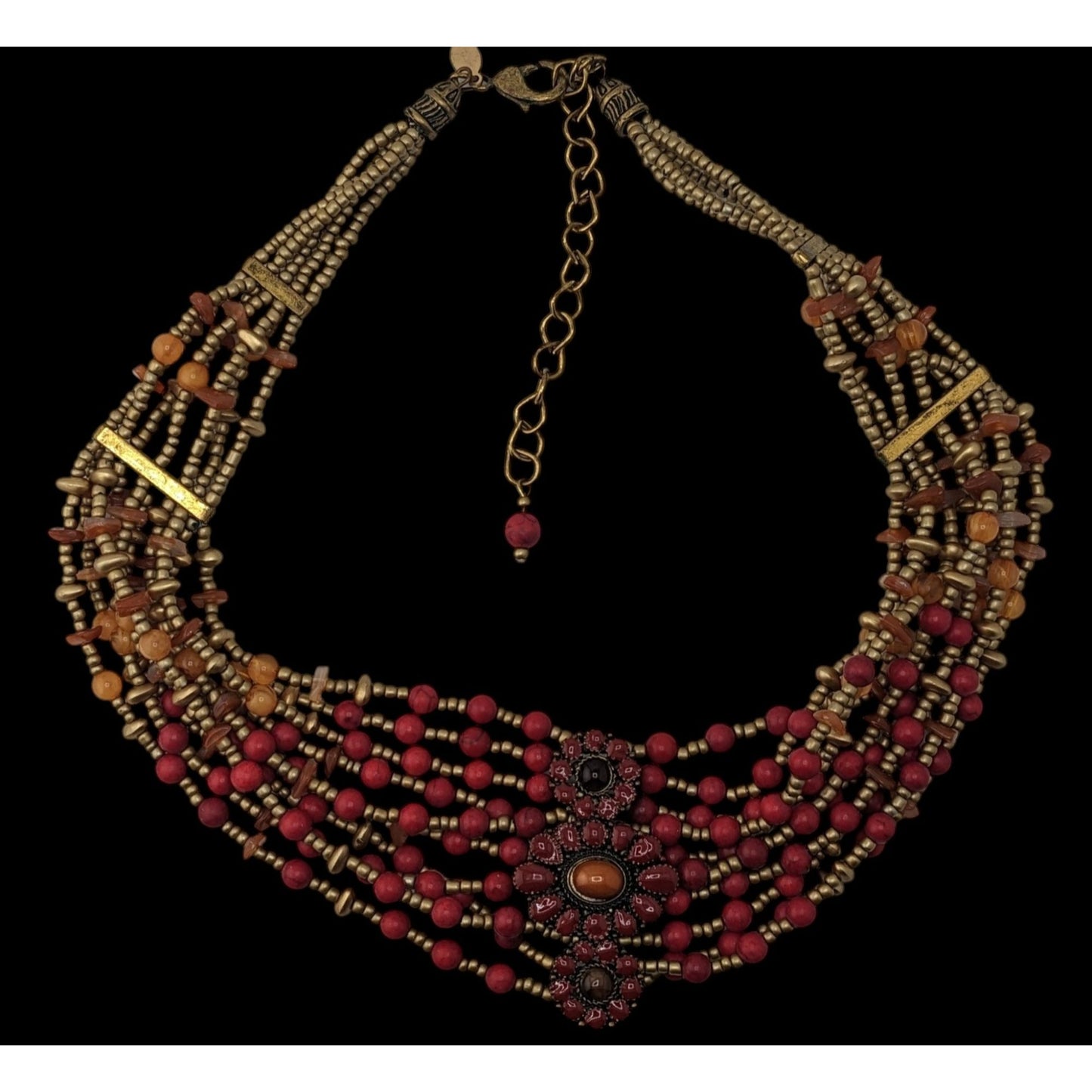 Chicos Vintage Bohemian Multi-Strand Beaded Statement Necklace Red And Gold Tones