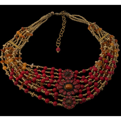 Chicos Vintage Bohemian Multi-Strand Beaded Statement Necklace Red And Gold Tones