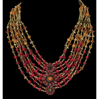 Chicos Vintage Bohemian Multi-Strand Beaded Statement Necklace Red And Gold Tones