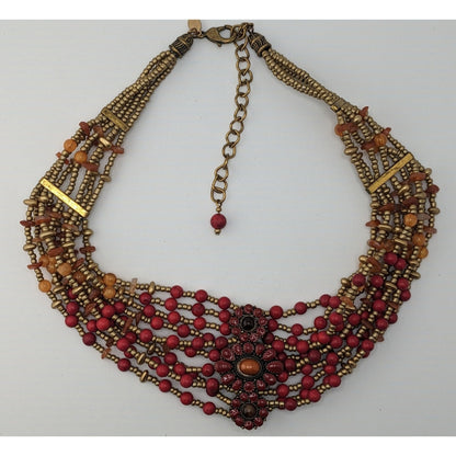 Chicos Vintage Bohemian Multi-Strand Beaded Statement Necklace Red And Gold Tones