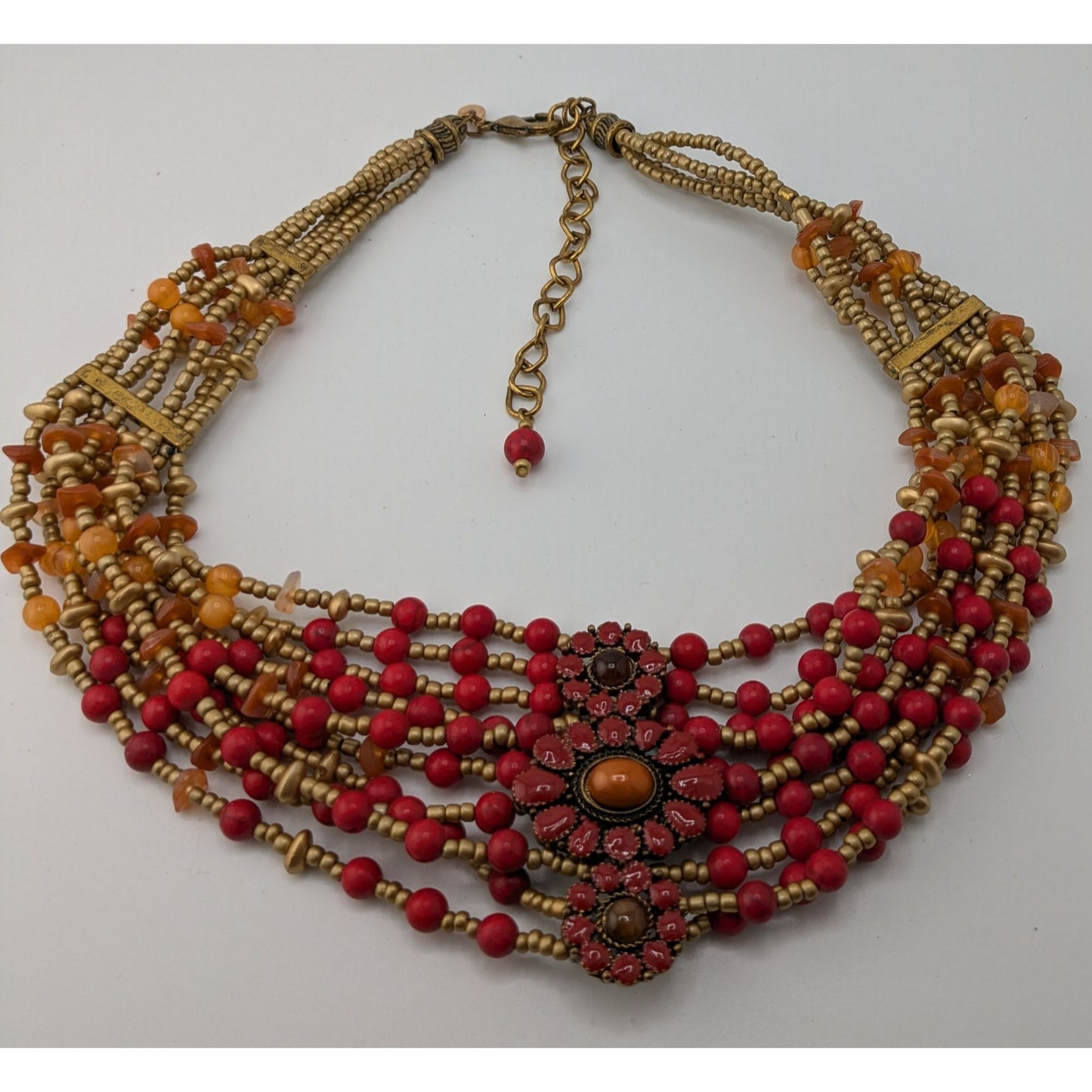 Chicos Vintage Bohemian Multi-Strand Beaded Statement Necklace Red And Gold Tones