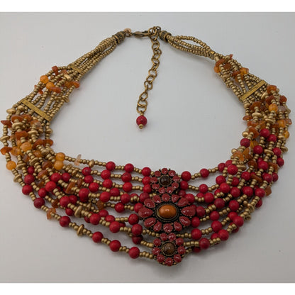 Chicos Vintage Bohemian Multi-Strand Beaded Statement Necklace Red And Gold Tones