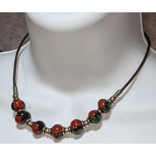 Vintage Hand Painted Floral Bead Necklace Black Red Retro Cottagecore Folk Art Jewelry
