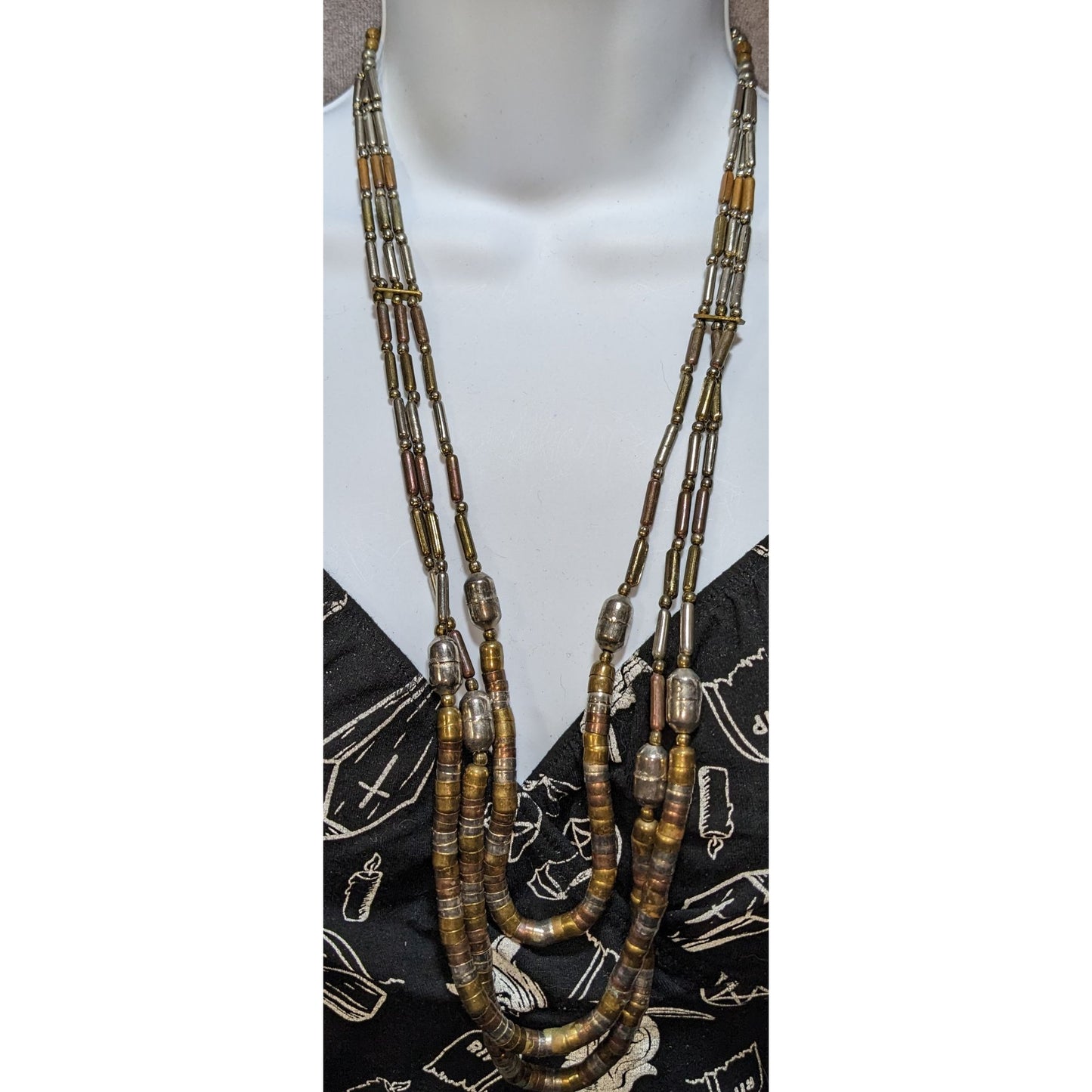Vintage Brutalist Multi-Strand Metal Bead Necklace
