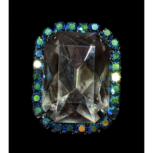 Chunky Glam Goth Grey And AB Blue Glass And Rhinestone Stretch Ring