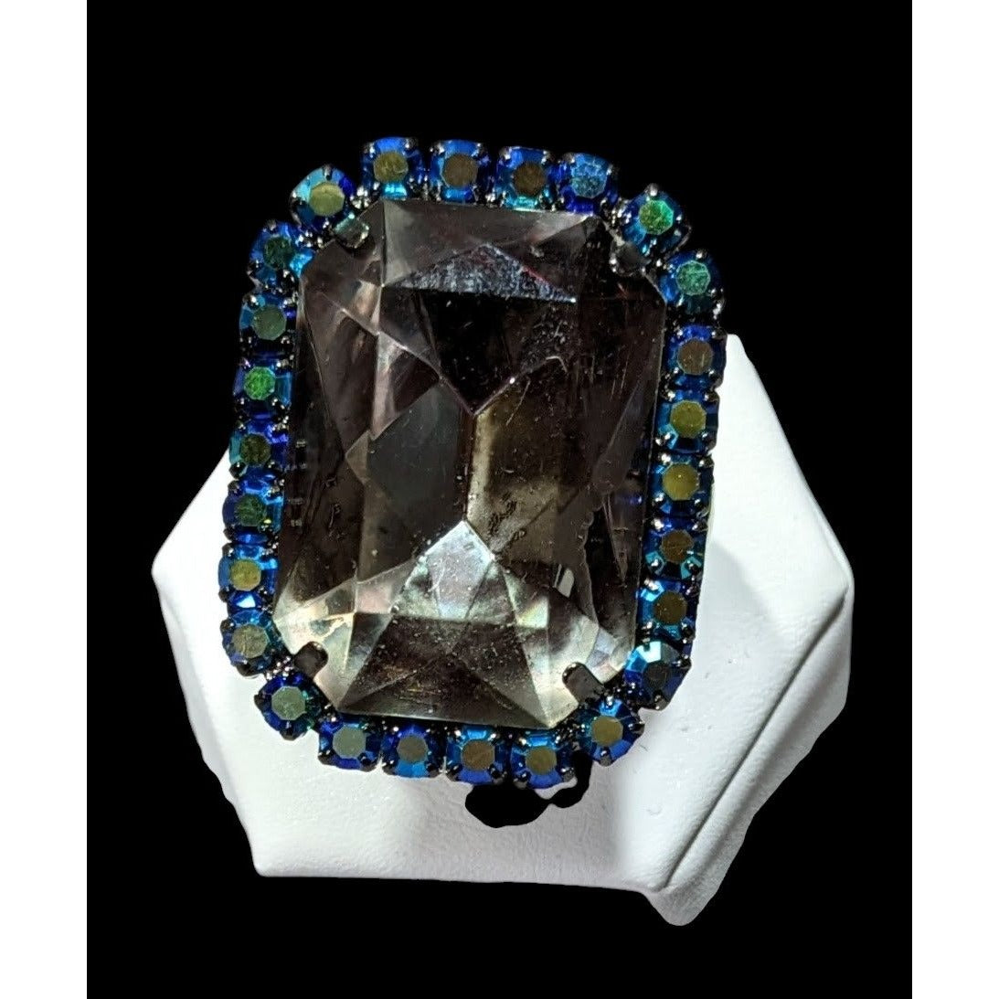 Chunky Glam Goth Grey And AB Blue Glass And Rhinestone Stretch Ring