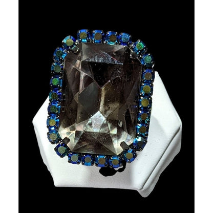Chunky Glam Goth Grey And AB Blue Glass And Rhinestone Stretch Ring