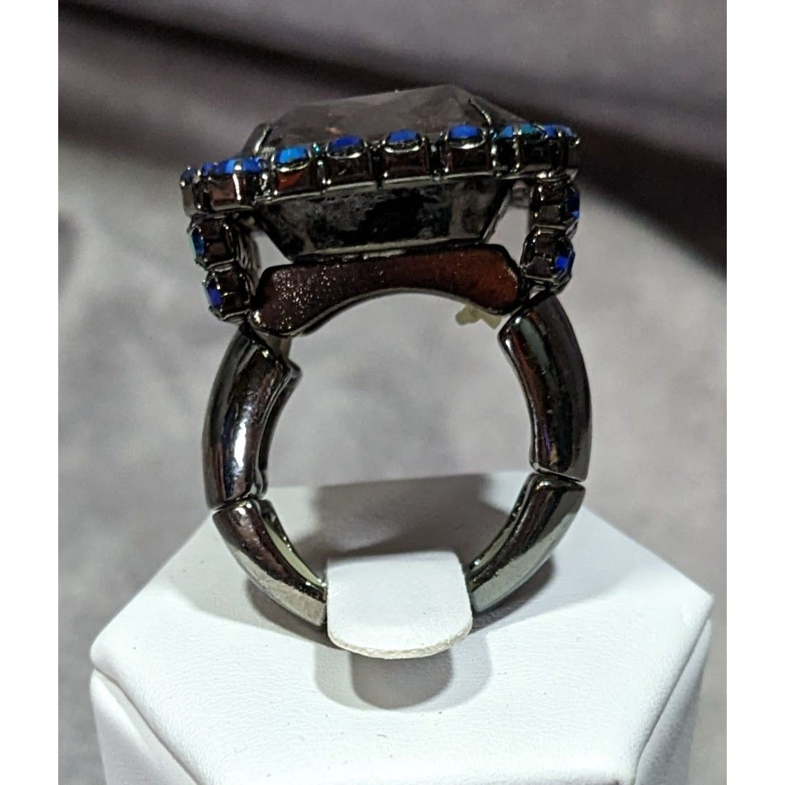 Chunky Glam Goth Grey And AB Blue Glass And Rhinestone Stretch Ring