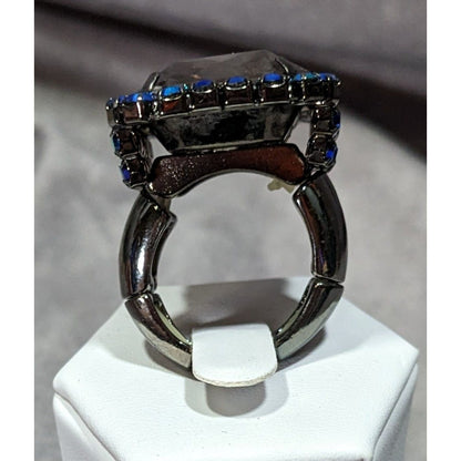 Chunky Glam Goth Grey And AB Blue Glass And Rhinestone Stretch Ring