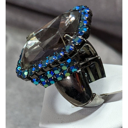 Chunky Glam Goth Grey And AB Blue Glass And Rhinestone Stretch Ring
