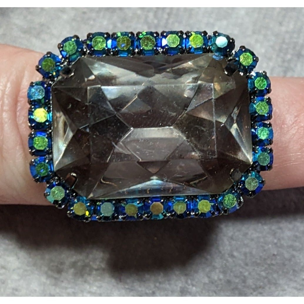Chunky Glam Goth Grey And AB Blue Glass And Rhinestone Stretch Ring