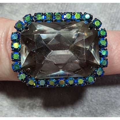 Chunky Glam Goth Grey And AB Blue Glass And Rhinestone Stretch Ring