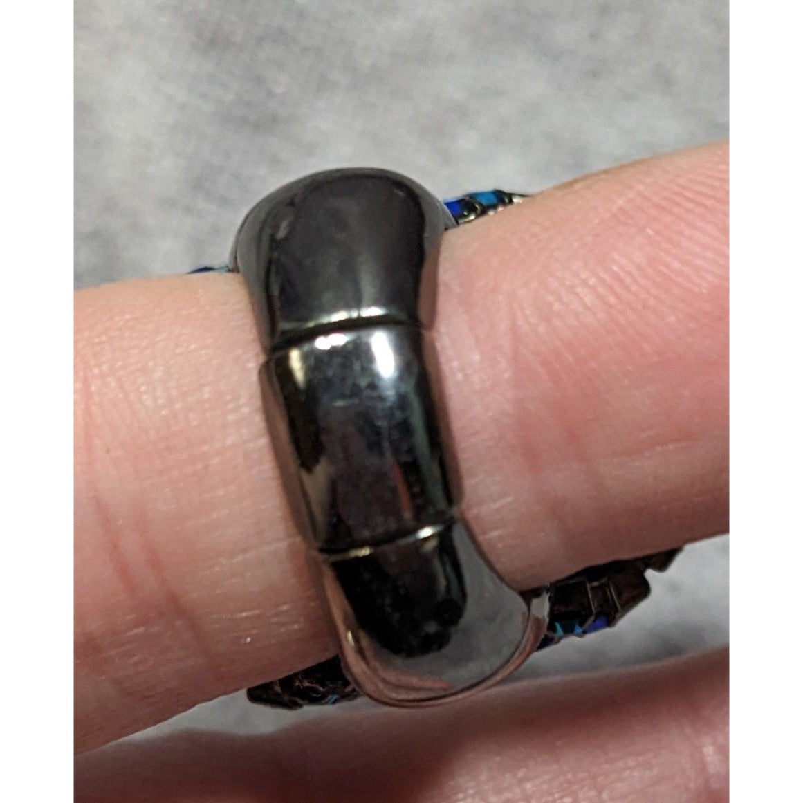 Chunky Glam Goth Grey And AB Blue Glass And Rhinestone Stretch Ring