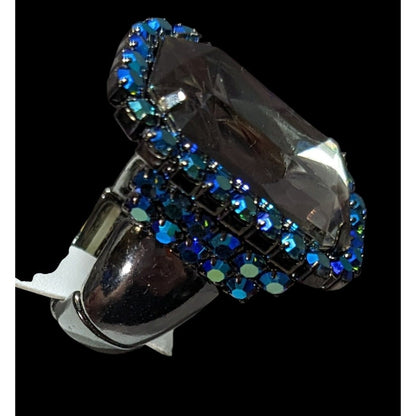 Chunky Glam Goth Grey And AB Blue Glass And Rhinestone Stretch Ring