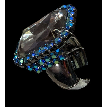 Chunky Glam Goth Grey And AB Blue Glass And Rhinestone Stretch Ring