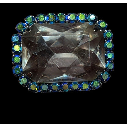 Chunky Glam Goth Grey And AB Blue Glass And Rhinestone Stretch Ring