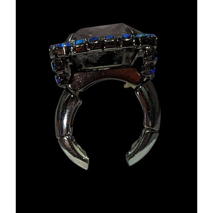 Chunky Glam Goth Grey And AB Blue Glass And Rhinestone Stretch Ring
