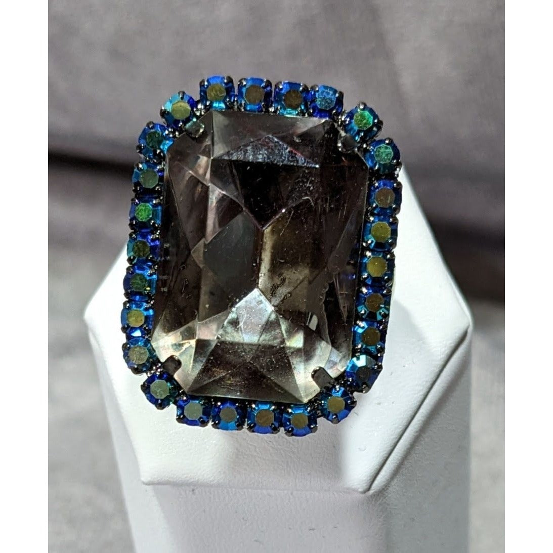 Chunky Glam Goth Grey And AB Blue Glass And Rhinestone Stretch Ring