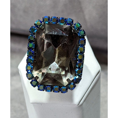 Chunky Glam Goth Grey And AB Blue Glass And Rhinestone Stretch Ring