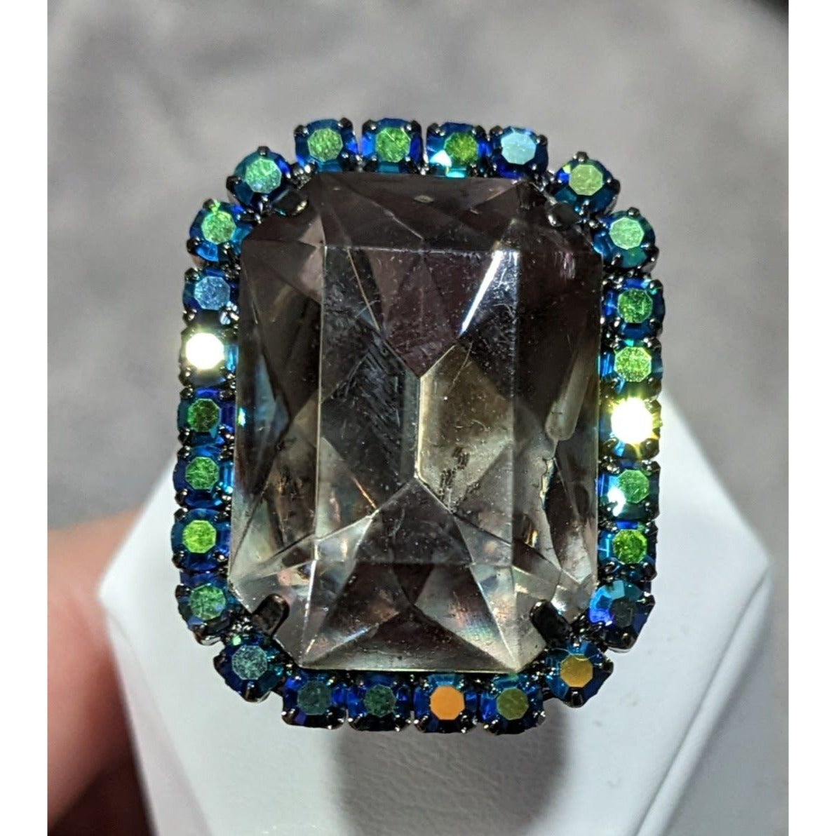 Chunky Glam Goth Grey And AB Blue Glass And Rhinestone Stretch Ring
