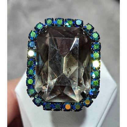 Chunky Glam Goth Grey And AB Blue Glass And Rhinestone Stretch Ring