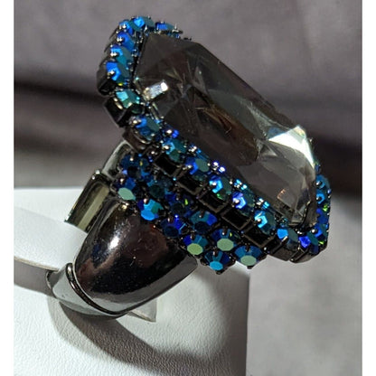 Chunky Glam Goth Grey And AB Blue Glass And Rhinestone Stretch Ring