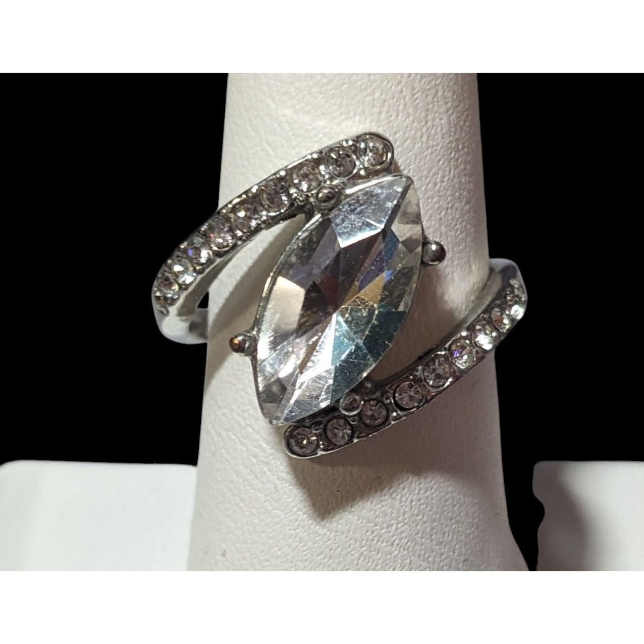 Elegant Glam Silver Tone Gemmed Abstract Wedding Style Ring