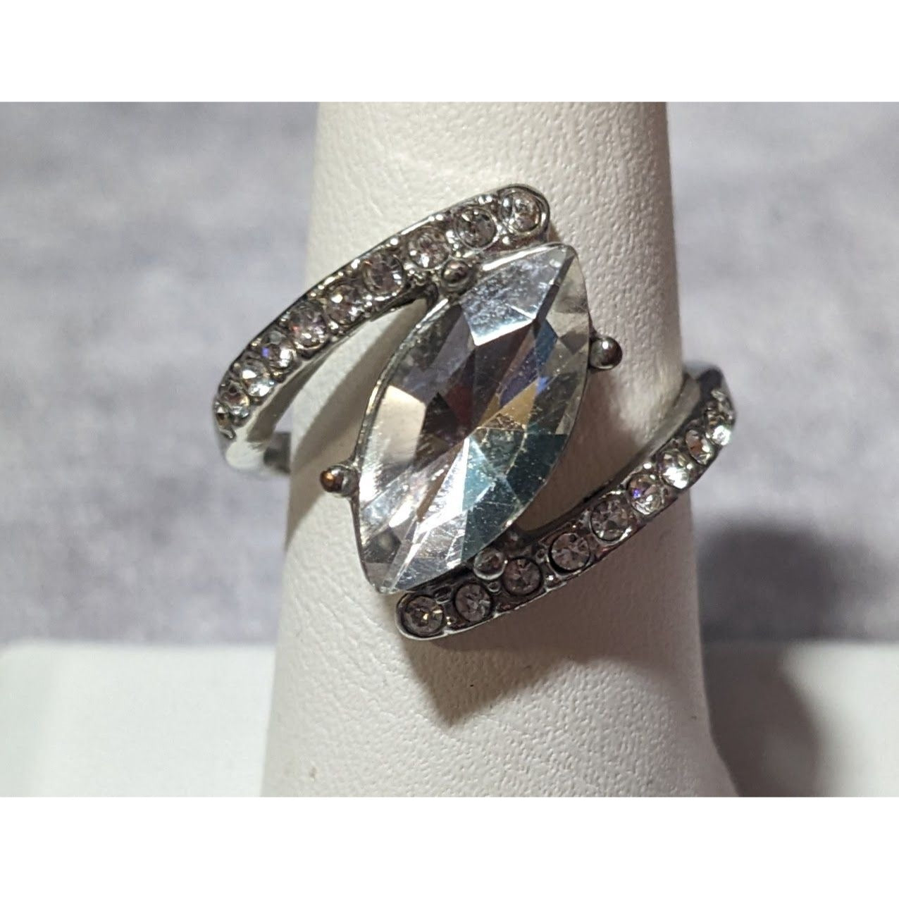 Elegant Glam Silver Tone Gemmed Abstract Wedding Style Ring