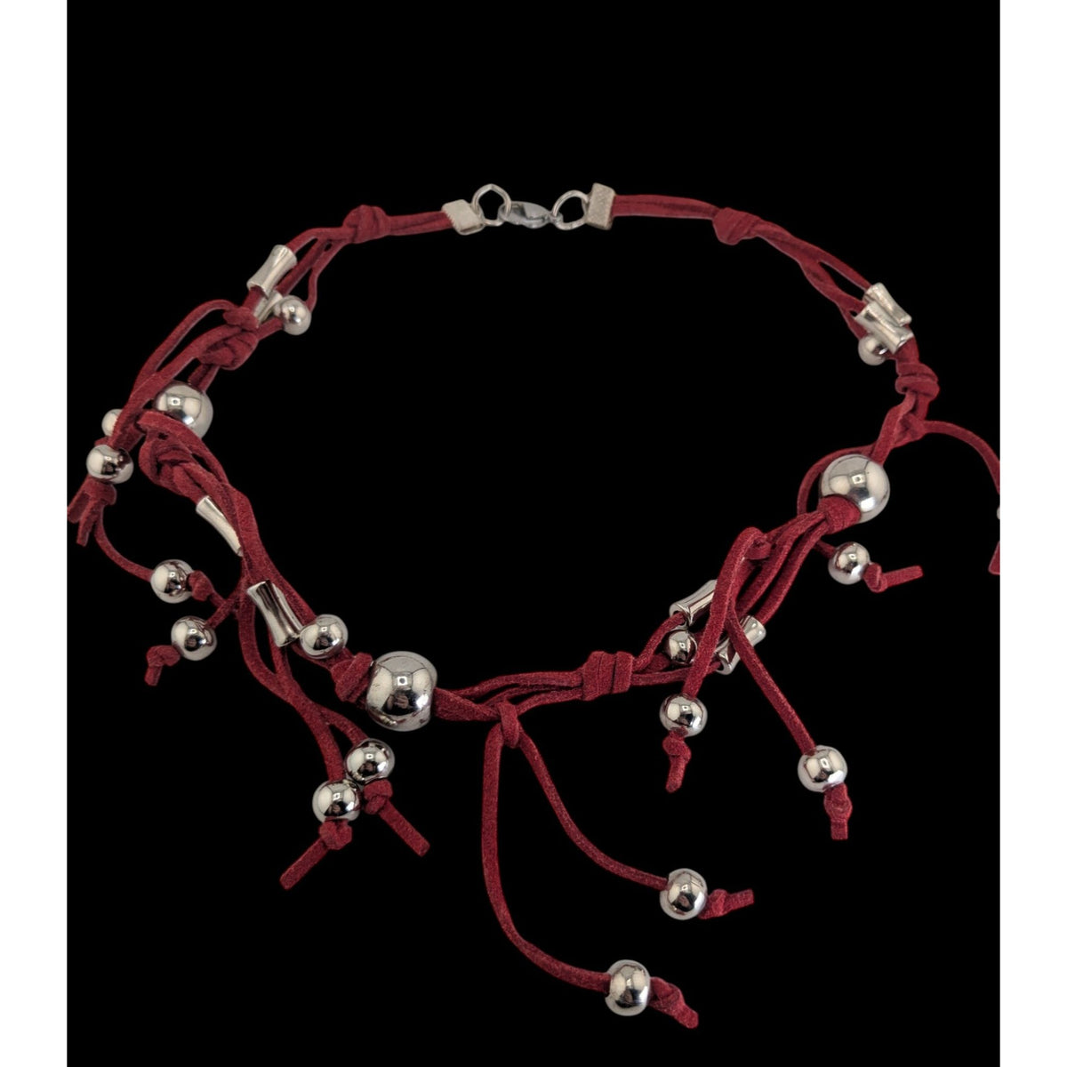 Boho Western Y2K Fringe Red Faux Suede Silver Bead Necklace