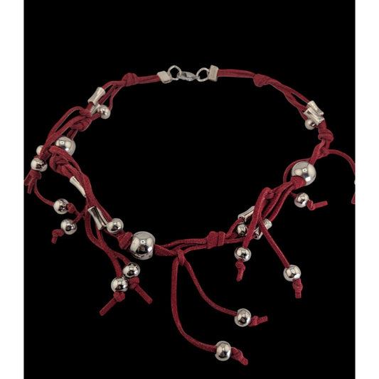 Boho Western Y2K Fringe Red Faux Suede Silver Bead Necklace