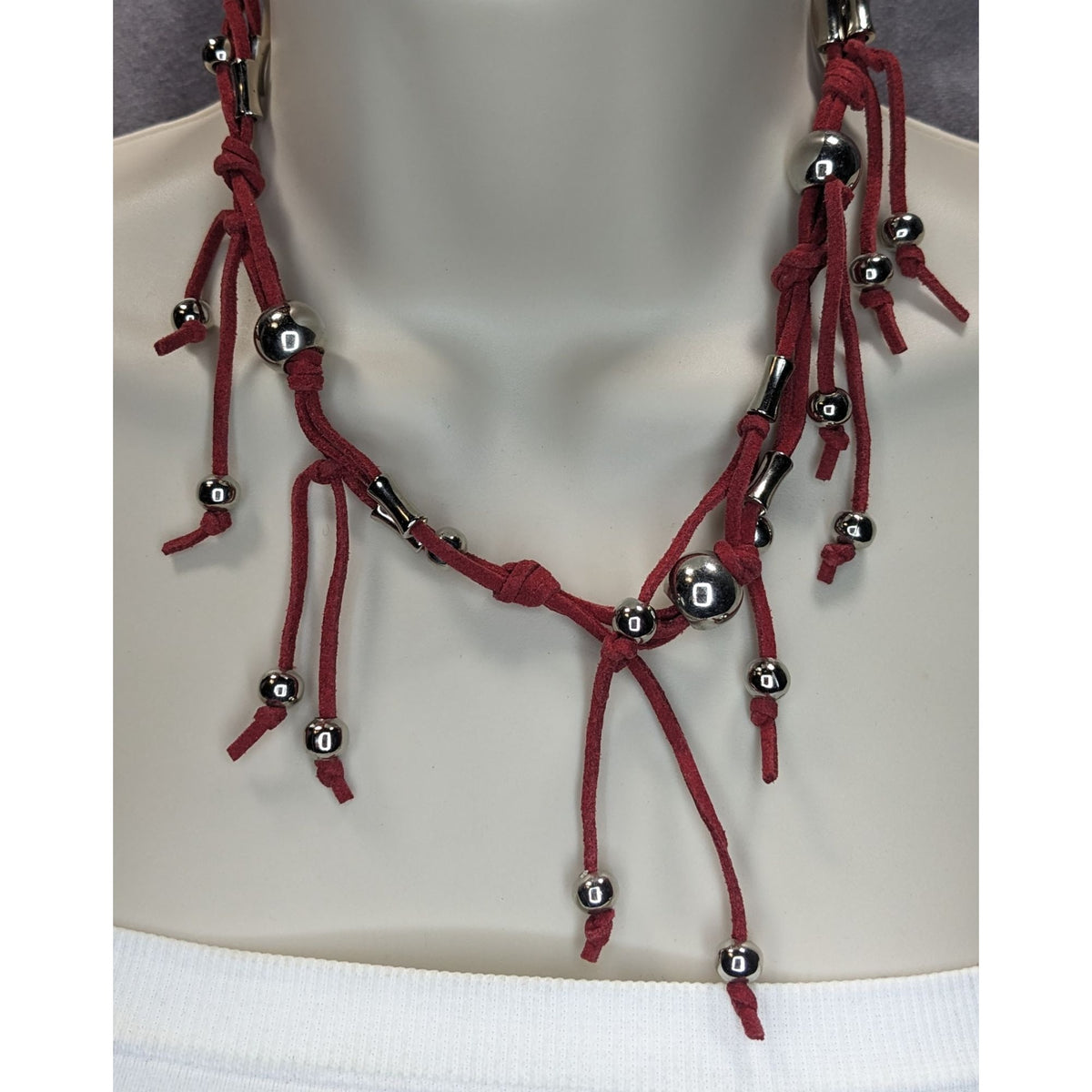 Boho Western Y2K Fringe Red Faux Suede Silver Bead Necklace