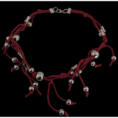Boho Western Y2K Fringe Red Faux Suede Silver Bead Necklace