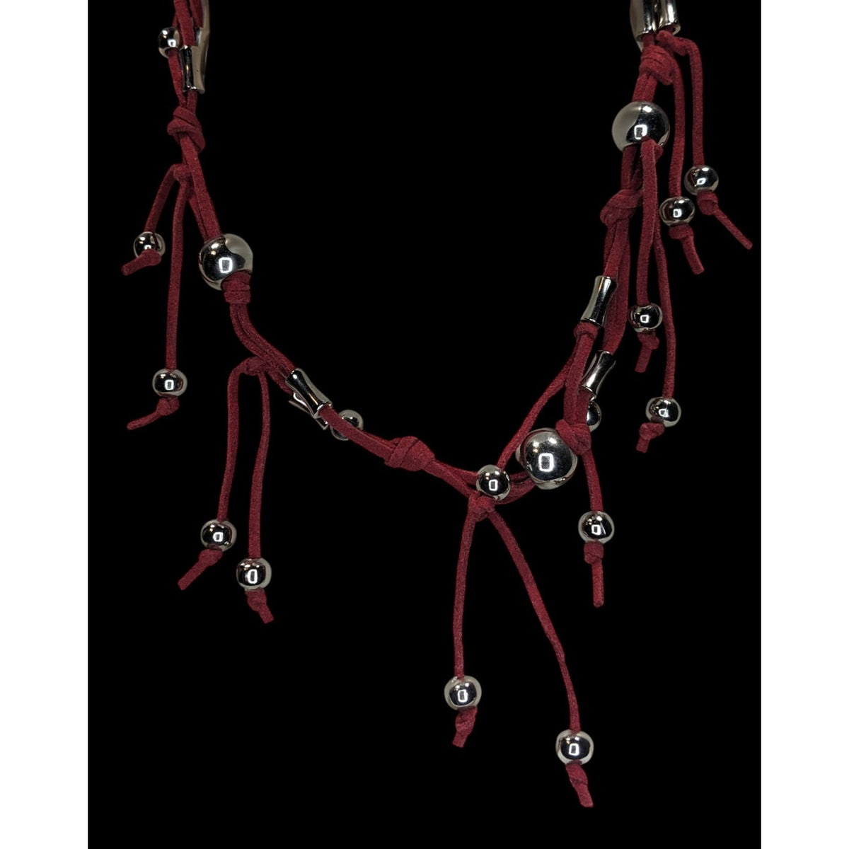 Boho Western Y2K Fringe Red Faux Suede Silver Bead Necklace