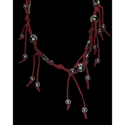 Boho Western Y2K Fringe Red Faux Suede Silver Bead Necklace