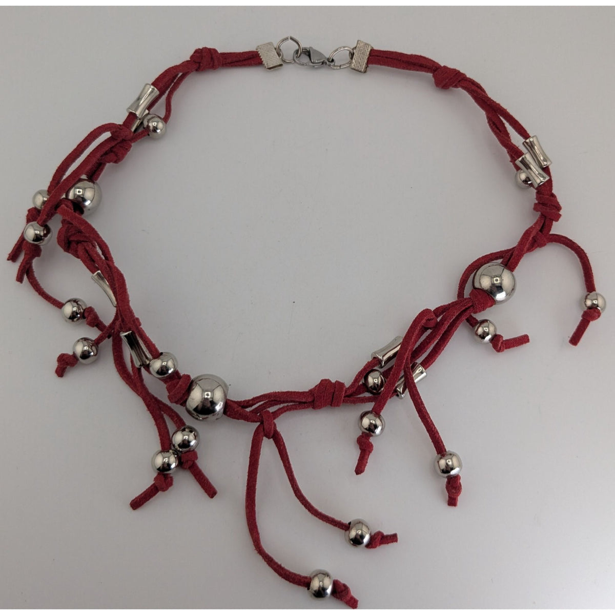 Boho Western Y2K Fringe Red Faux Suede Silver Bead Necklace