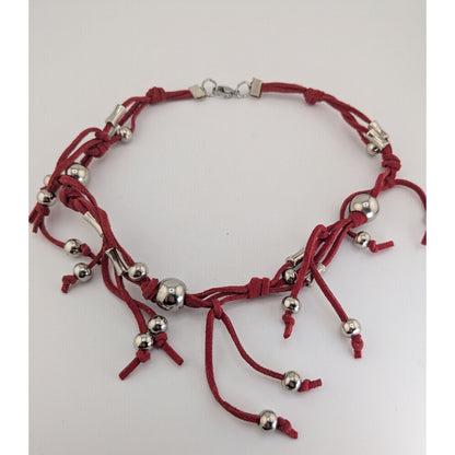 Boho Western Y2K Fringe Red Faux Suede Silver Bead Necklace