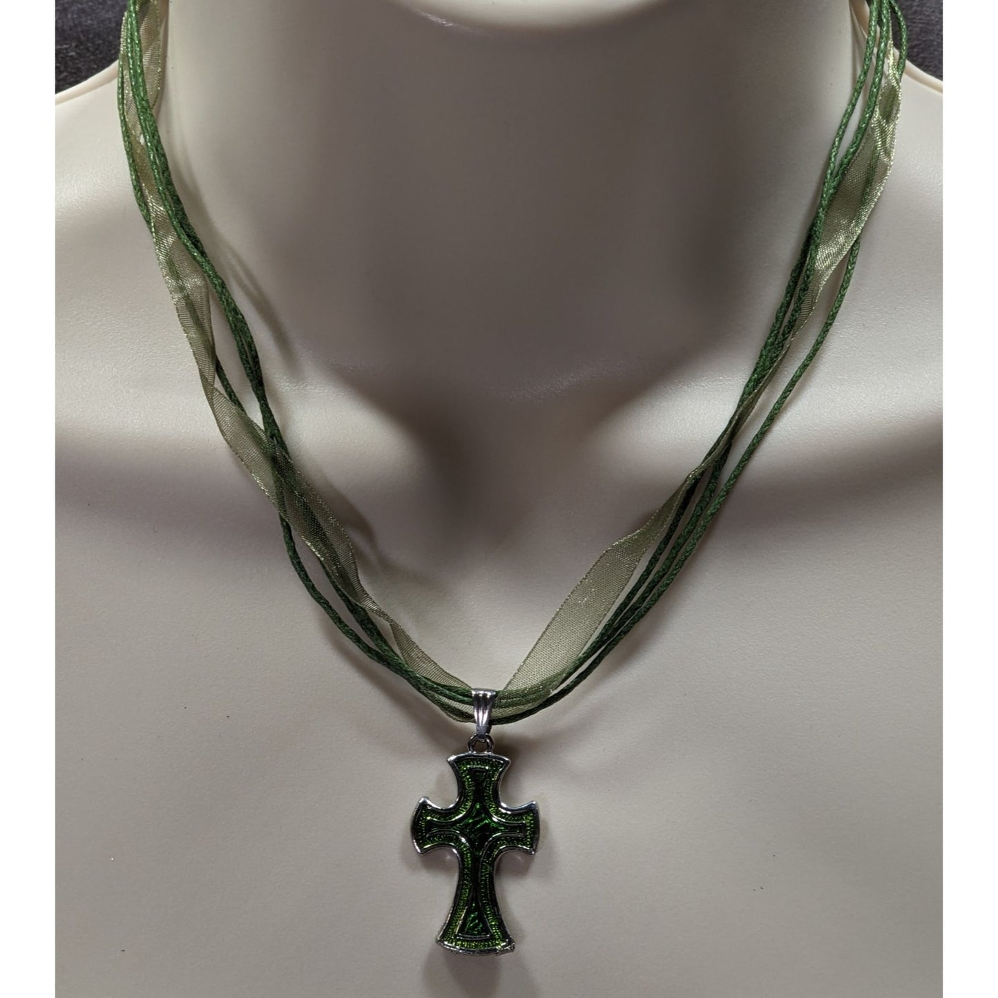 Whimsygoth Religious Green Cross Pendant Necklace