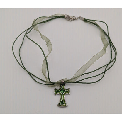 Whimsygoth Religious Green Cross Pendant Necklace